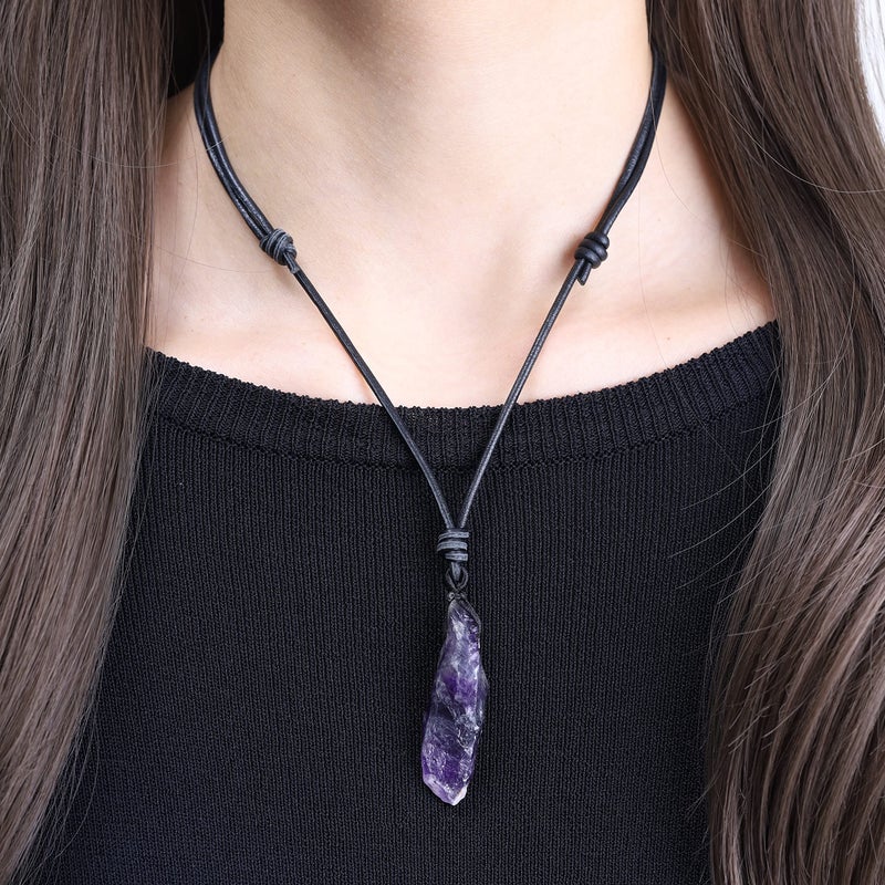 COAI Leather Necklace Healing Crystal Necklace for Women Raw Amethyst Necklace - Image 2