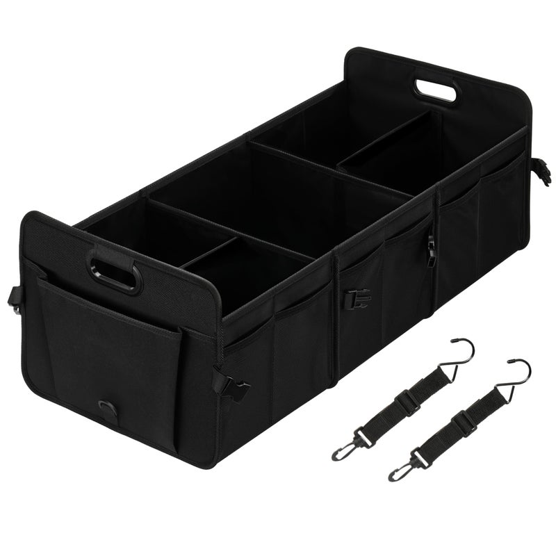 Simple Deluxe Car Trunk Organizer Multi Compartments Collapsible Trunk Storage Antislip Waterproof 600D Oxford Polyester with Adjustable Straps for SUV Minivan Truck Large Size Black