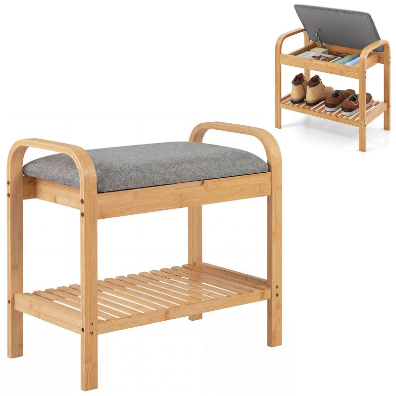 Giantex Small Entryway Bench with Storage, 2-Tier Bamboo Shoe Rack Bench with Flip Top Storage Space and Padded Cushion, Shoe Organizer for Entryway, Living Room, Hallway, Bedroom,Natural - Image 1