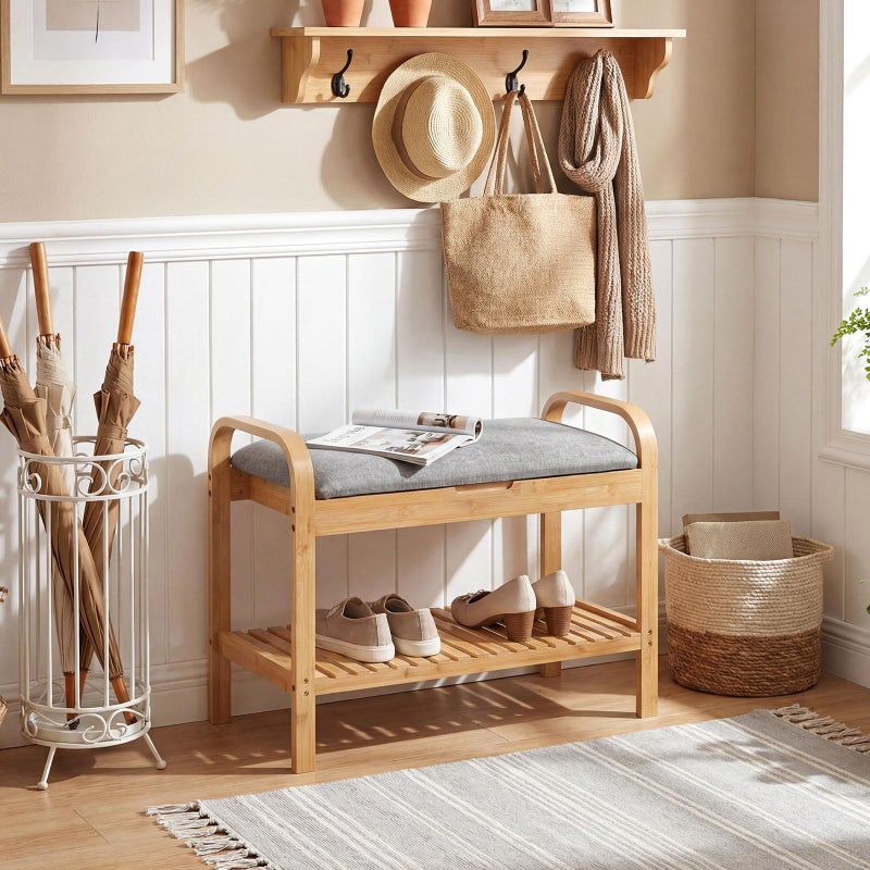 Giantex Small Entryway Bench with Storage, 2-Tier Bamboo Shoe Rack Bench with Flip Top Storage Space and Padded Cushion, Shoe Organizer for Entryway, Living Room, Hallway, Bedroom,Natural - Image 2