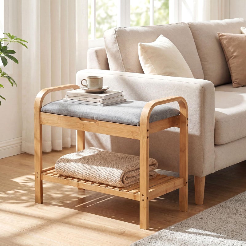 Giantex Small Entryway Bench with Storage, 2-Tier Bamboo Shoe Rack Bench with Flip Top Storage Space and Padded Cushion, Shoe Organizer for Entryway, Living Room, Hallway, Bedroom,Natural - Image 3