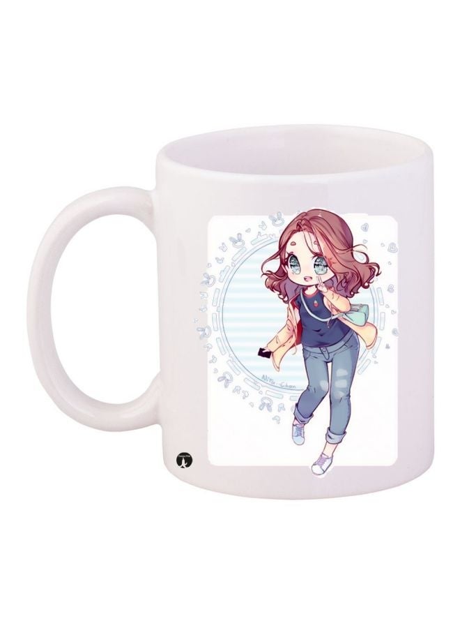 RYN Anime Girl Printed Coffee Mug White/Blue/Beige 11ounce