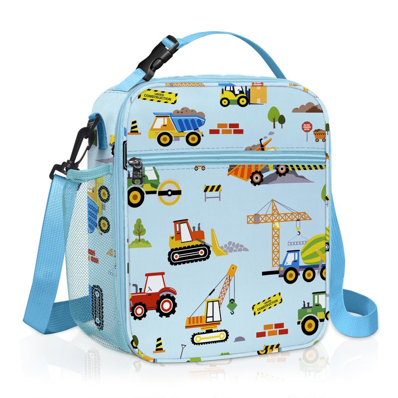 Clastyle Car Insulated Kids Lunch Bag Truck Large Thermal Cooler Bag for Boy Picnic School Lunch Box ToteBlue Construction Trucks