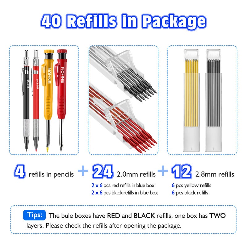 Enhon 4 Pack Carpenter Pencil Set with Sharpener, Mechanical Woodworking Pencils with 36 Refills, Deep Hole Marker for Architect/Carpenters/Scriber(Black, Red, Yellow) - Image 2