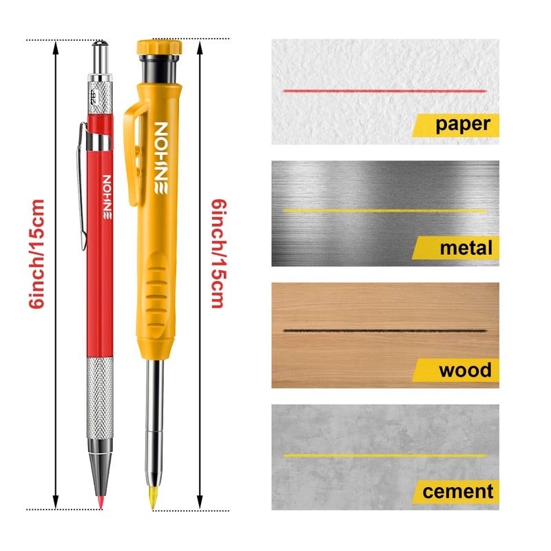 Enhon 4 Pack Carpenter Pencil Set with Sharpener, Mechanical Woodworking Pencils with 36 Refills, Deep Hole Marker for Architect/Carpenters/Scriber(Black, Red, Yellow) - Image 5
