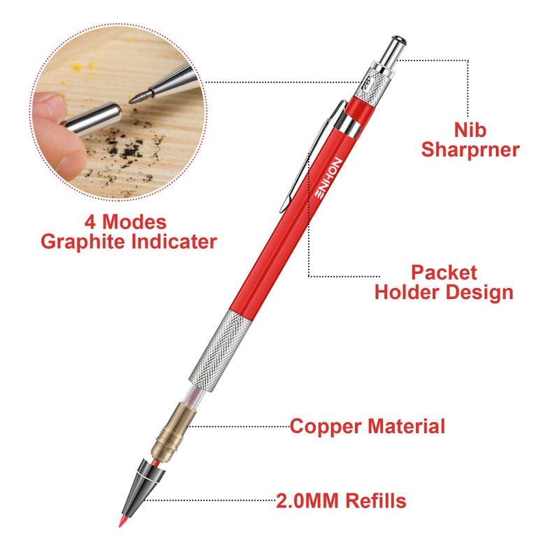 Enhon 4 Pack Carpenter Pencil Set with Sharpener, Mechanical Woodworking Pencils with 36 Refills, Deep Hole Marker for Architect/Carpenters/Scriber(Black, Red, Yellow) - Image 4