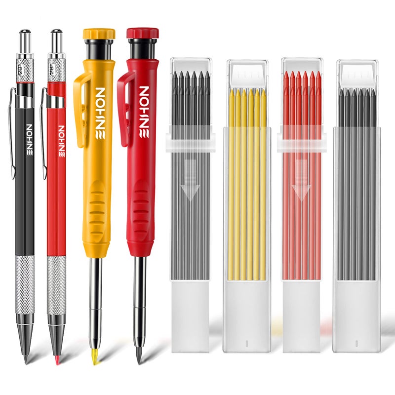Enhon 4 Pack Carpenter Pencil Set with Sharpener, Mechanical Woodworking Pencils with 36 Refills, Deep Hole Marker for Architect/Carpenters/Scriber(Black, Red, Yellow) - Image 1