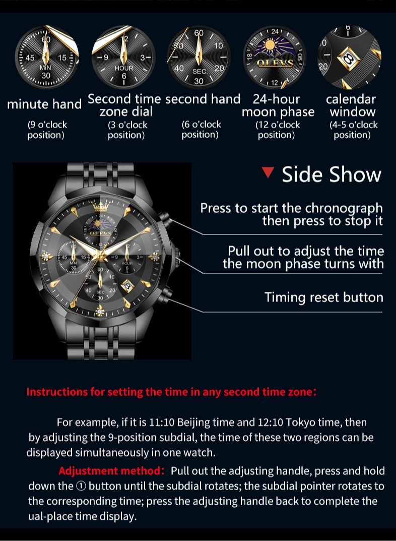 OLEVS High-End Luxurious Men's Watch Waterproof Multifunctional Stainless Steel Strap Durable Anti-Slip Coated Glass Stylish Luminous Timepiece - Image 2