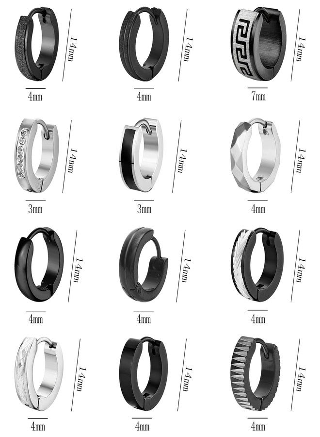 SUBANG 12 Pairs Stainless Steel Hoop Earrings for Men Hypoallergenic Earring Unisex Earring Black Silver Hoop Earrings for Women Men, Stainless Steel, Cubic Zirconia - Image 2