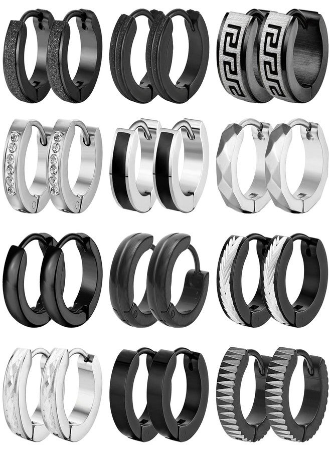 SUBANG 12 Pairs Stainless Steel Hoop Earrings for Men Hypoallergenic Earring Unisex Earring Black Silver Hoop Earrings for Women Men, Stainless Steel, Cubic Zirconia - Image 1