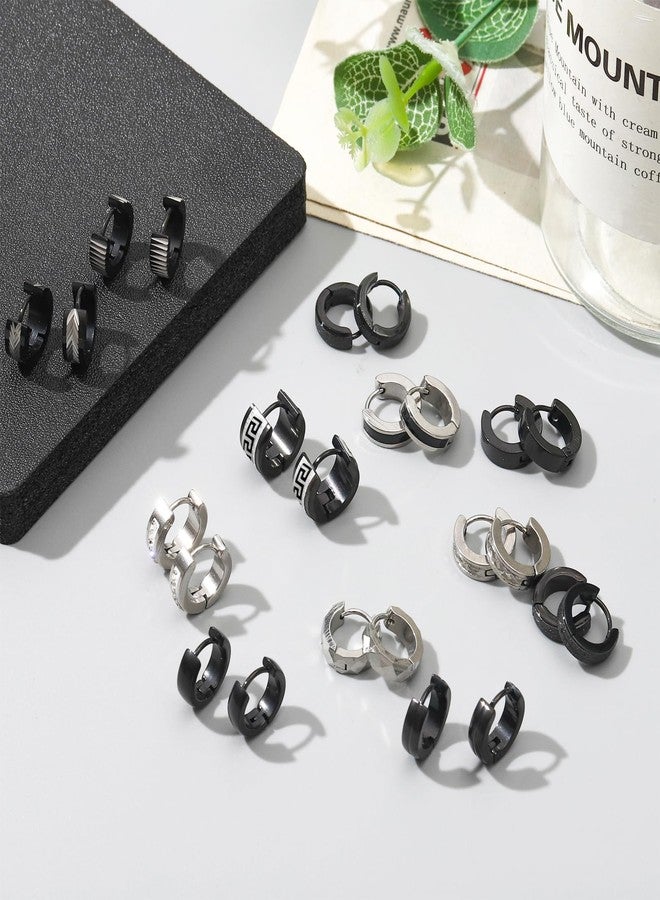 SUBANG 12 Pairs Stainless Steel Hoop Earrings for Men Hypoallergenic Earring Unisex Earring Black Silver Hoop Earrings for Women Men, Stainless Steel, Cubic Zirconia - Image 3