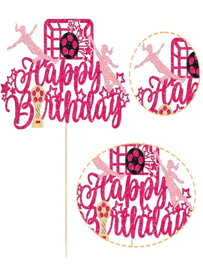 Ephlyn 1Pcs Soccer Happy Birthday Cake Topper Glitter Women Girl Football Cupcake Picks for Sports Theme Soccer Party Decoration Baby Shower Cake Decoration Rose Red - Image 3