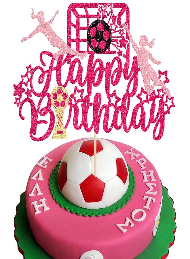Ephlyn 1Pcs Soccer Happy Birthday Cake Topper Glitter Women Girl Football Cupcake Picks for Sports Theme Soccer Party Decoration Baby Shower Cake Decoration Rose Red - Image 1