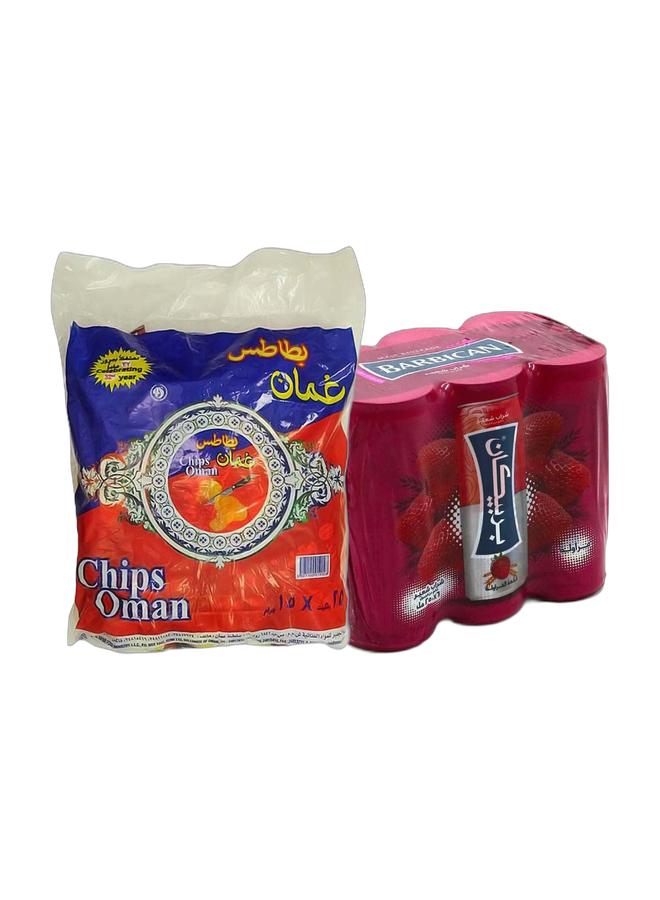 noon Chips Oman Chips 15grams Pack of 25 + Barbican Strawberry Flavor Malt Beverage, Can, 250ml × 6 Pack of 6 - Image 1