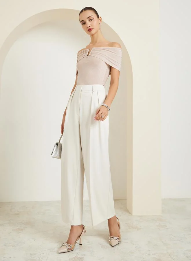 Styli Beige Knit Off-Shoulder Top