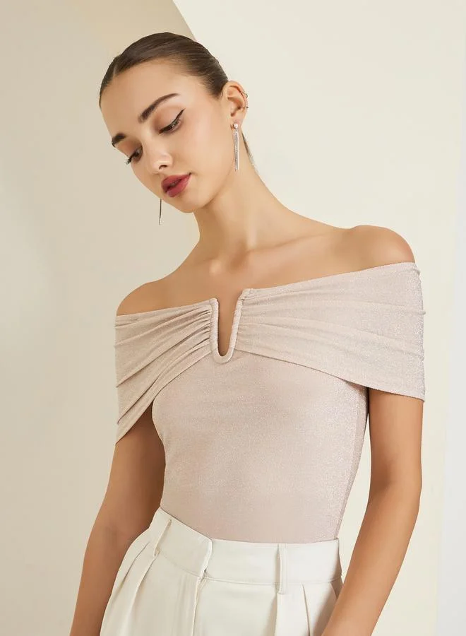 Styli Beige Knit Off-Shoulder Top