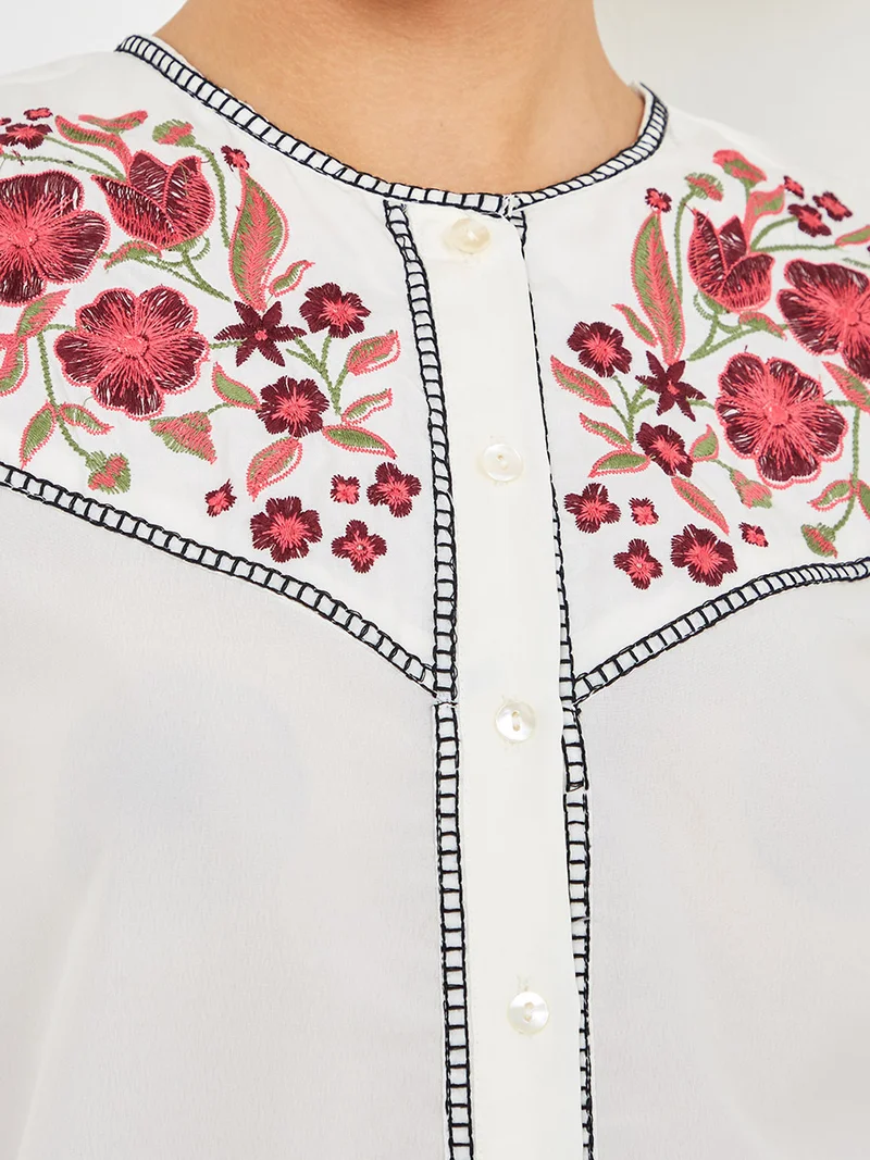 Styli Long Sleeves Floral Embroidered High Neck Blouse