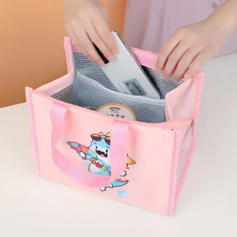 INSTABUYZ Hot & Cold Leak Proof Lunch Bag for Office School Kids Men & Women Storage Bag with Handle Tiffin Bag (Pink Cartoon) - Image 2