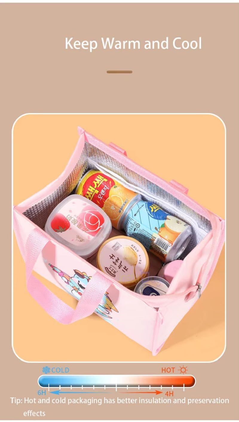 INSTABUYZ Hot & Cold Leak Proof Lunch Bag for Office School Kids Men & Women Storage Bag with Handle Tiffin Bag (Pink Cartoon) - Image 3