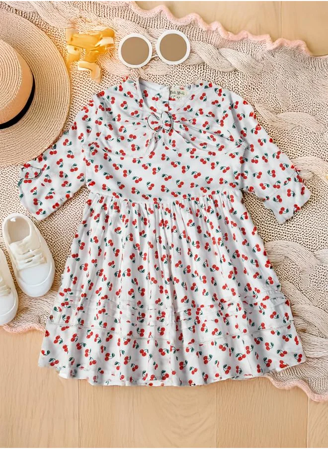 BELLA MODA Bella Moda Cherry Print Gathered Cotton Dress with Bow Detail
