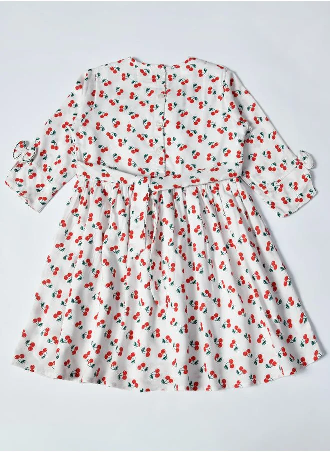 BELLA MODA Bella Moda Cherry Print Gathered Cotton Dress with Bow Detail