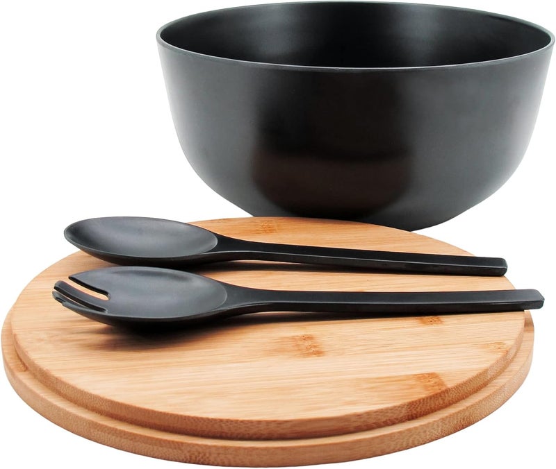 ECOWAY وعاء من ألياف البامبو مع غطاء - مجموعة تقديم 4Qt من الميلامين مع وعاء خلط وملعقة وشوكة للسلطة والفواكه والخضروات والمعكرونة - أسود 98 بوصة - Image 4