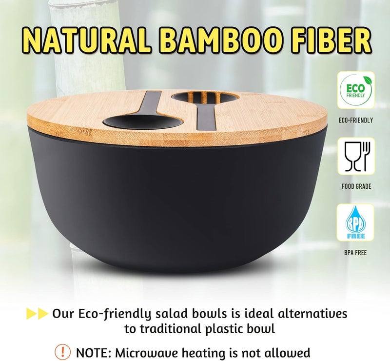 ECOWAY وعاء من ألياف البامبو مع غطاء - مجموعة تقديم 4Qt من الميلامين مع وعاء خلط وملعقة وشوكة للسلطة والفواكه والخضروات والمعكرونة - أسود 98 بوصة - Image 2