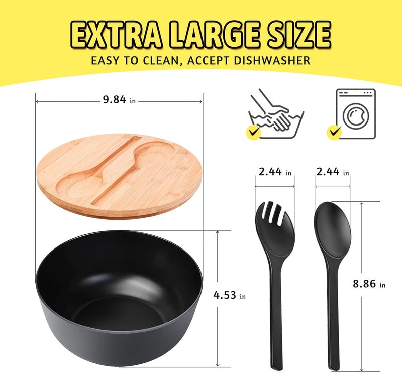 ECOWAY وعاء من ألياف البامبو مع غطاء - مجموعة تقديم 4Qt من الميلامين مع وعاء خلط وملعقة وشوكة للسلطة والفواكه والخضروات والمعكرونة - أسود 98 بوصة - Image 3