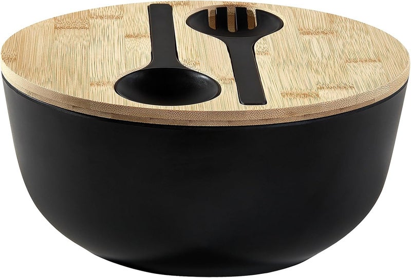 ECOWAY وعاء من ألياف البامبو مع غطاء - مجموعة تقديم 4Qt من الميلامين مع وعاء خلط وملعقة وشوكة للسلطة والفواكه والخضروات والمعكرونة - أسود 98 بوصة - Image 1