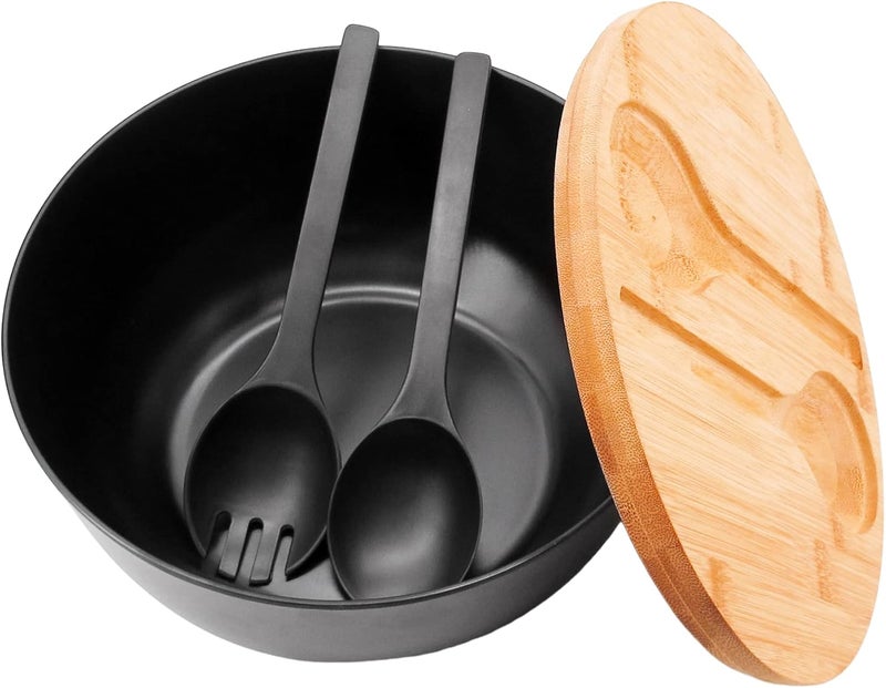 ECOWAY وعاء من ألياف البامبو مع غطاء - مجموعة تقديم 4Qt من الميلامين مع وعاء خلط وملعقة وشوكة للسلطة والفواكه والخضروات والمعكرونة - أسود 98 بوصة - Image 5