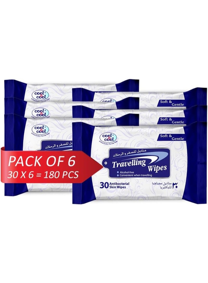 Cool & Cool Travelling Wipes - Pack of 6 (30 Wipes Each)