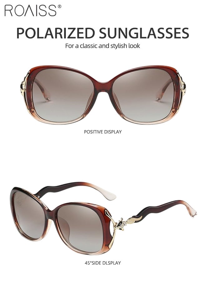 رويس نظارة شمسية مستقطبة بيضاوية نسائية، نظارة الشمس الواقية من الأشعة فوق البنفسجية 400 بإطار بني مزين بنمط الثعلب والمعابد المتموجة، ظلال شمس مضادة للوهج عصرية أنيقة للنساء مع حافظة النظارة، 58 ملم - Image 4
