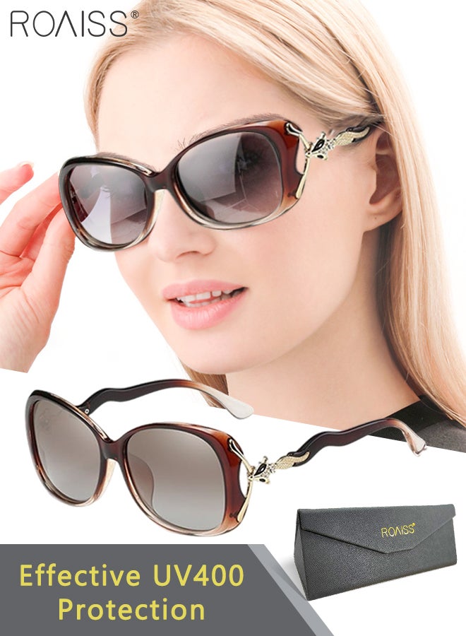 رويس نظارة شمسية مستقطبة بيضاوية نسائية، نظارة الشمس الواقية من الأشعة فوق البنفسجية 400 بإطار بني مزين بنمط الثعلب والمعابد المتموجة، ظلال شمس مضادة للوهج عصرية أنيقة للنساء مع حافظة النظارة، 58 ملم - Image 1