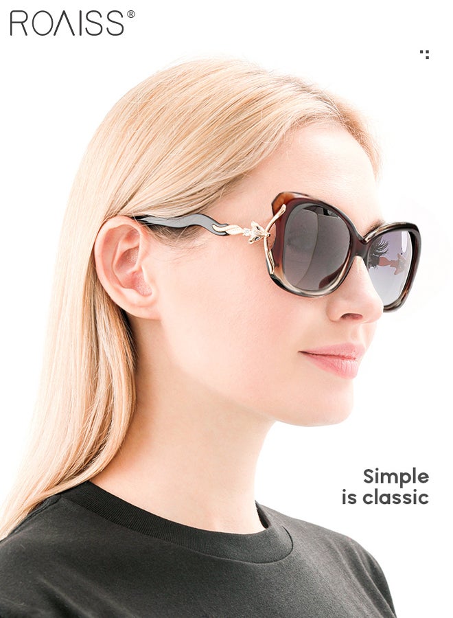 رويس نظارة شمسية مستقطبة بيضاوية نسائية، نظارة الشمس الواقية من الأشعة فوق البنفسجية 400 بإطار بني مزين بنمط الثعلب والمعابد المتموجة، ظلال شمس مضادة للوهج عصرية أنيقة للنساء مع حافظة النظارة، 58 ملم - Image 2