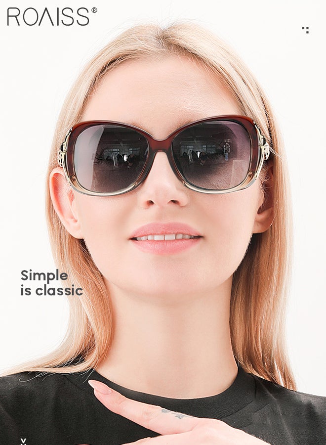 رويس نظارة شمسية مستقطبة بيضاوية نسائية، نظارة الشمس الواقية من الأشعة فوق البنفسجية 400 بإطار بني مزين بنمط الثعلب والمعابد المتموجة، ظلال شمس مضادة للوهج عصرية أنيقة للنساء مع حافظة النظارة، 58 ملم - Image 5