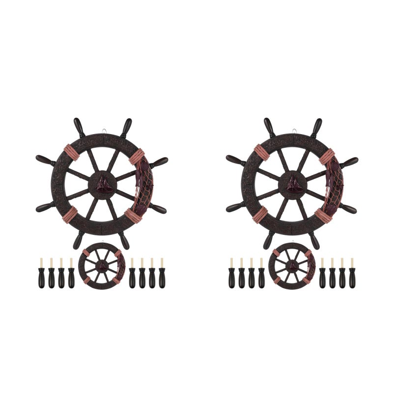 2pcs Mediterranean Boat Steering Wheel Wood Wall Hanging Ornament Nautical Wall Decor - Image 4