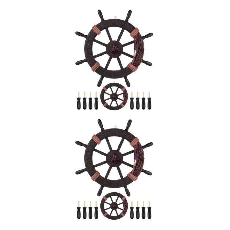2pcs Mediterranean Boat Steering Wheel Wood Wall Hanging Ornament Nautical Wall Decor - Image 3