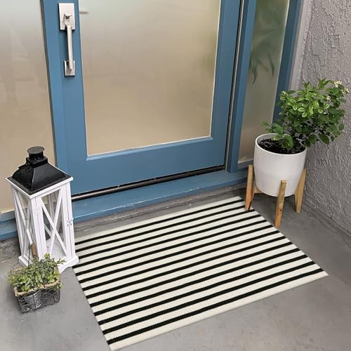 OJIA Front Door Mat 24x35 Black and Cream Striped Front Door Rug Machine Washable Entry Rug Cotton Woven Indoor Outdoor Doormat Small Area Rugs for PorchHome EntranceEntrywayKitchen Decor - Image 1