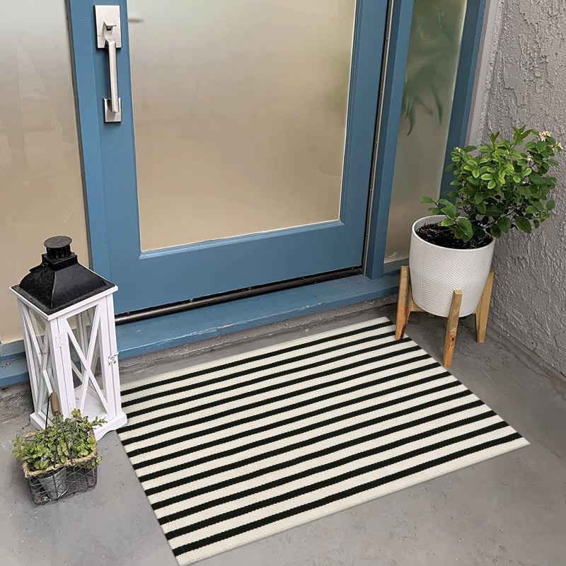 OJIA Front Door Mat 24x35 Black and Cream Striped Front Door Rug Machine Washable Entry Rug Cotton Woven Indoor Outdoor Doormat Small Area Rugs for PorchHome EntranceEntrywayKitchen Decor - Image 2