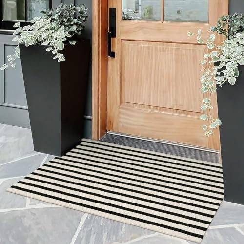 OJIA Front Door Mat 24x35 Black and Cream Striped Front Door Rug Machine Washable Entry Rug Cotton Woven Indoor Outdoor Doormat Small Area Rugs for PorchHome EntranceEntrywayKitchen Decor - Image 3