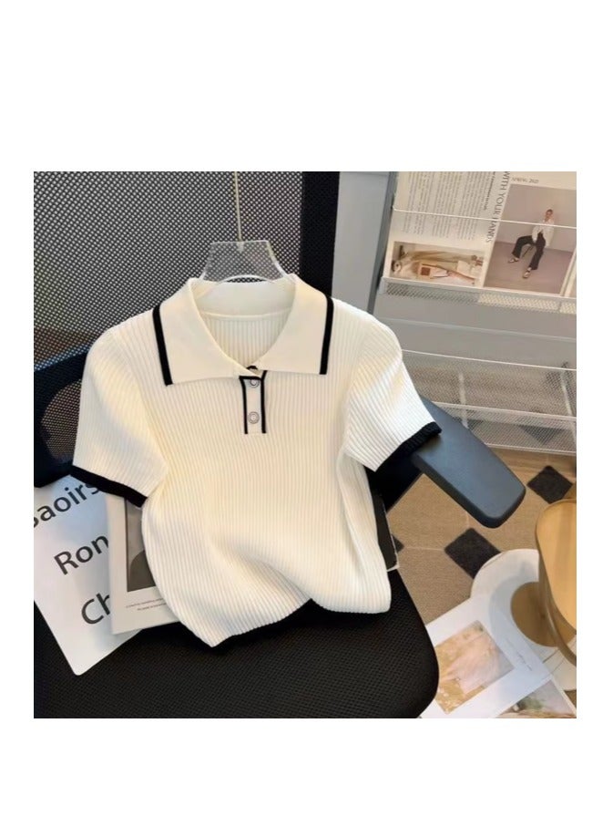 Ice silk knitted short sleeved T-shirt for women's summer 2024 new fashionable and stylish polo shirt top
