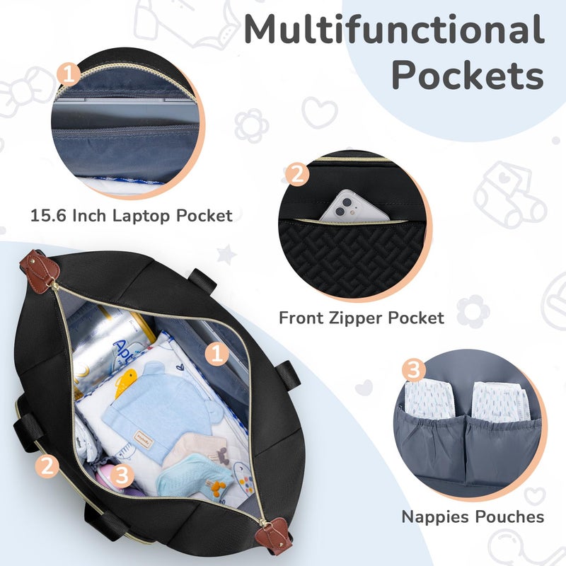 Tenot Diaper Bag Tote, Baby Bag Travel Diaper Tote Bag with Pacifier Case, Cute Maternity Hospital Baby Stylish Diaper Tote for Mom Dad Black - Image 3