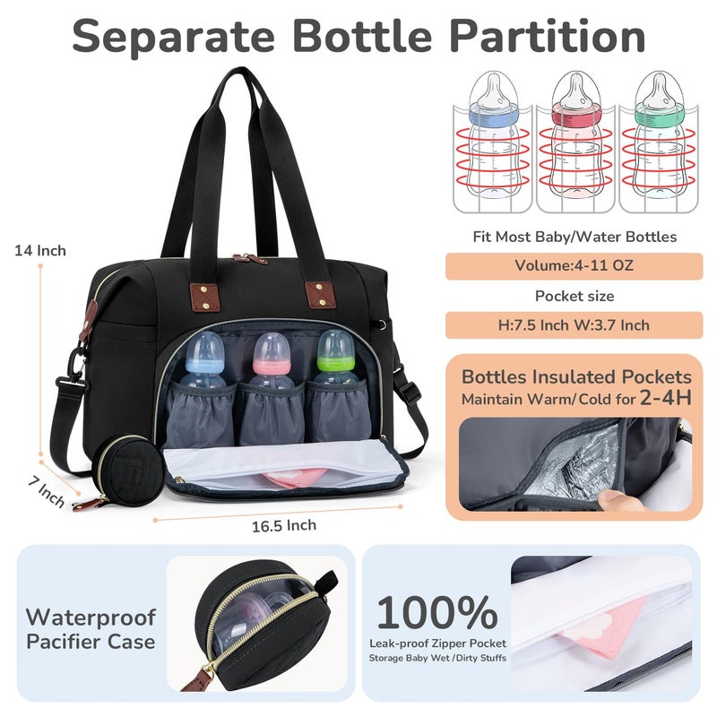 Tenot Diaper Bag Tote, Baby Bag Travel Diaper Tote Bag with Pacifier Case, Cute Maternity Hospital Baby Stylish Diaper Tote for Mom Dad Black - Image 2