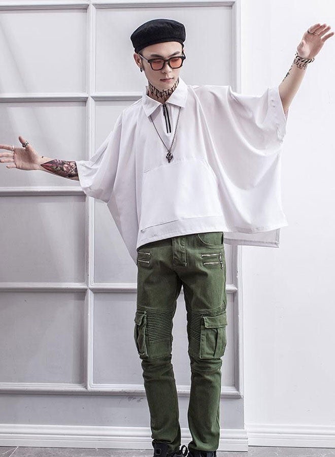 Men's ultra-loose lapel short-sleeved T-shirt-white - Image 5