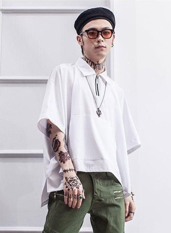 Men's ultra-loose lapel short-sleeved T-shirt-white - Image 2
