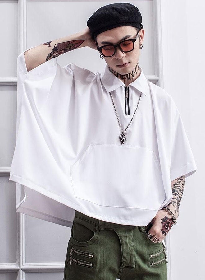 Men's ultra-loose lapel short-sleeved T-shirt-white - Image 3