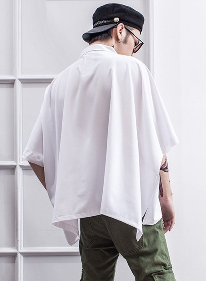 Men's ultra-loose lapel short-sleeved T-shirt-white - Image 4