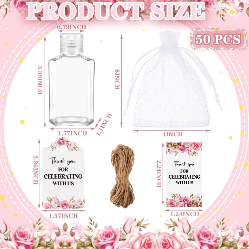 Tiangrid 50 Sets Mini Hand Sanitizer Bottles Bulk 2oz Empty Christmas Hand Sanitizer Travel Size Wedding Favors for Guests with Organza Bags Thank You Tags for Woman Employees(Flower,Pink) - Image 2