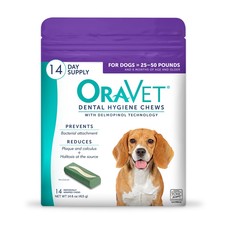 ORAVET Dental Chews for Dogs, Oral Care and Hygiene Chews (Medium Dogs, 25-50 lbs.) Purple Pouch, 14 Count - Image 1