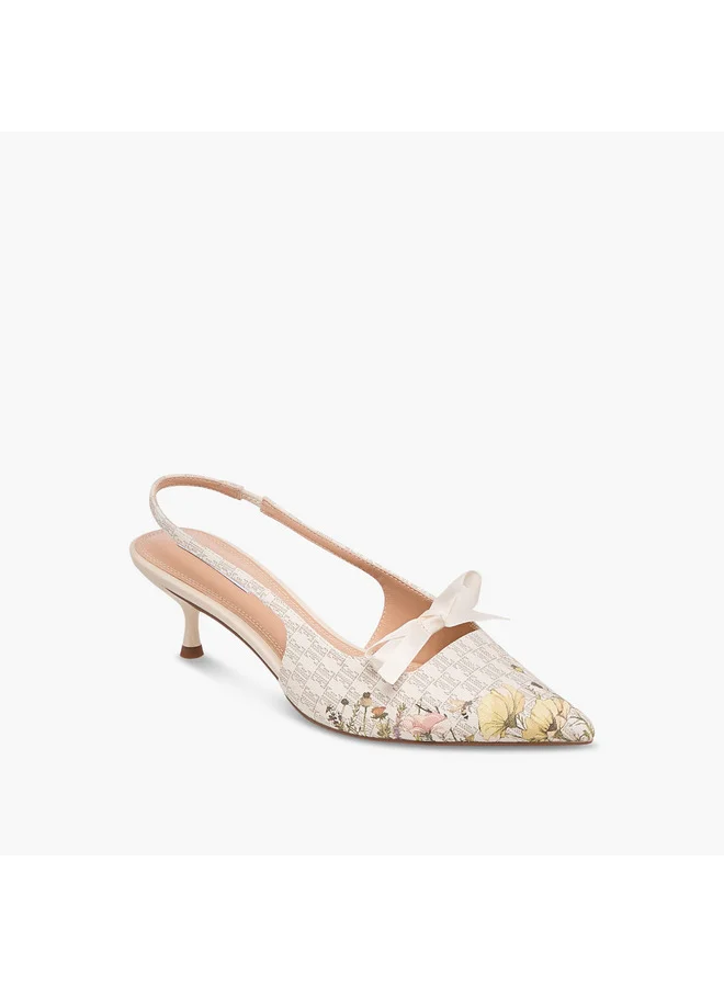 ELLE Women's Monogram Print Slingback Shoes with Kitten Heels